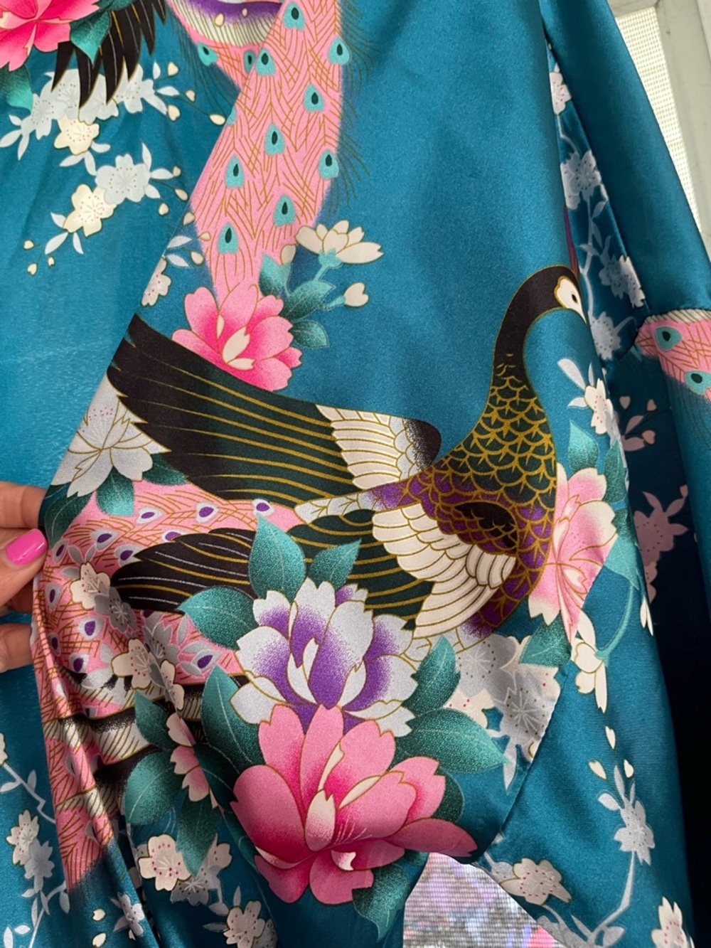 Silk-Feel Floral Kimono Robe in Teal - Picture 7 of 7